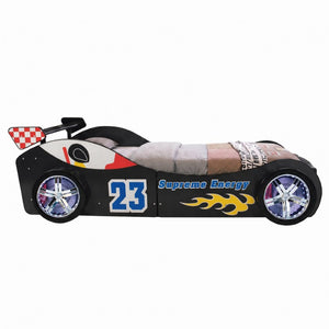 English Elm Cool Racing Kids Bed with LED Lights Cartoon Dog Design for Adventure Bedroom Black 86.4 L x 46.2 W x 27.2 H W2237S00028