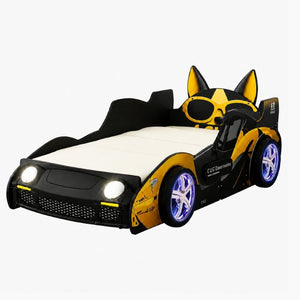 English Elm Cool Racing Kids Bed with LED Lights Cartoon Dog Design for Adventure Bedroom Yellow+Black 83.85 L x 43.11 W x 31.49 H W2237S00029
