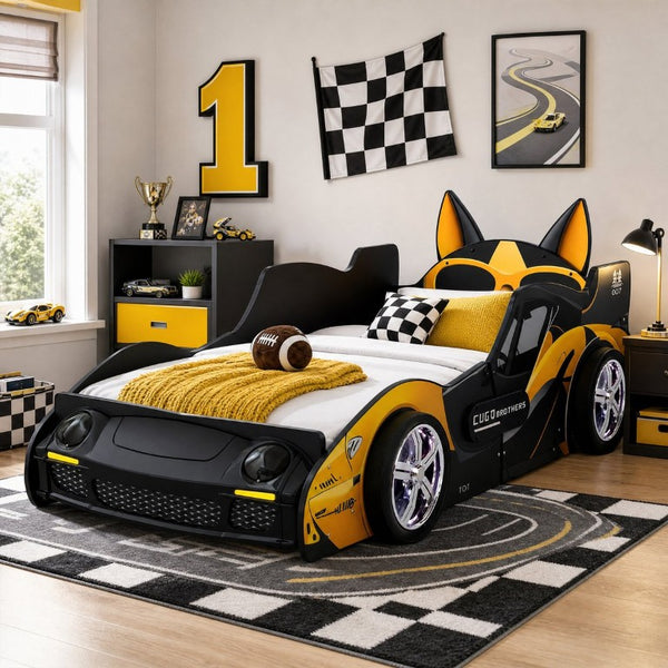 English Elm Cool Racing Kids Bed with LED Lights Cartoon Dog Design for Adventure Bedroom Yellow+Black 83.85 L x 43.11 W x 31.49 H W2237S00029