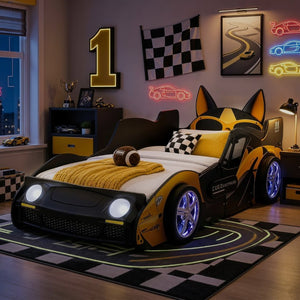 English Elm Cool Racing Kids Bed with LED Lights Cartoon Dog Design for Adventure Bedroom Yellow+Black 83.85 L x 43.11 W x 31.49 H W2237S00029