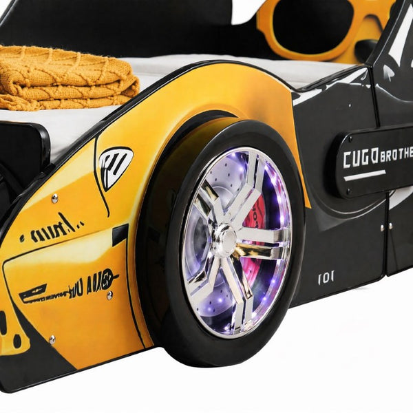 English Elm Cool Racing Kids Bed with LED Lights Cartoon Dog Design for Adventure Bedroom Yellow+Black 83.85 L x 43.11 W x 31.49 H W2237S00029