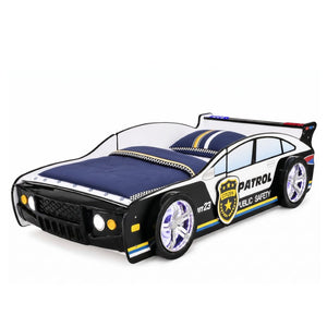 English Elm 84 Inch Kids Patrol Car Twin Bed Frame with LED Wheel Lights and Flashing Spoiler W2237S00030