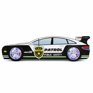 English Elm 84 Inch Kids Patrol Car Twin Bed Frame with LED Wheel Lights and Flashing Spoiler W2237S00030