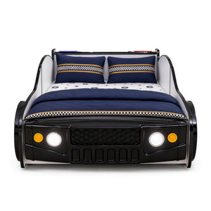 English Elm 84 Inch Kids Patrol Car Twin Bed Frame with LED Wheel Lights and Flashing Spoiler W2237S00030
