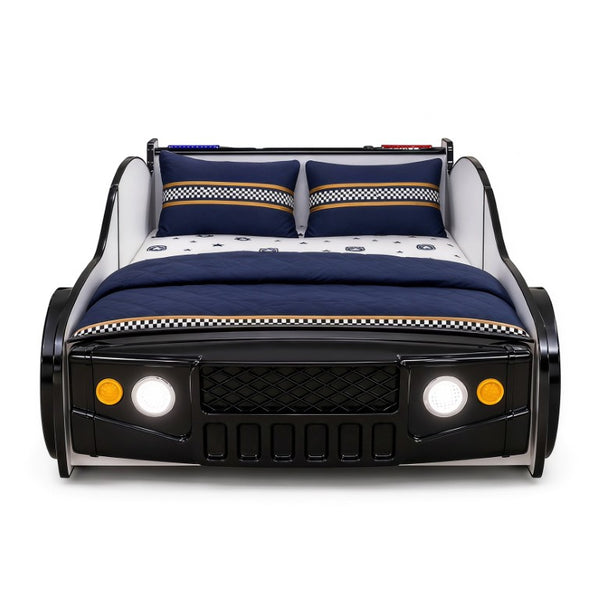 English Elm 84 Inch Kids Patrol Car Twin Bed Frame with LED Wheel Lights and Flashing Spoiler W2237S00030