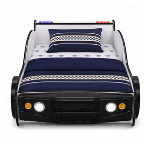 English Elm 84 Inch Kids Patrol Car Twin Bed Frame with LED Wheel Lights and Flashing Spoiler W2237S00030
