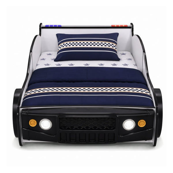 English Elm 84 Inch Kids Patrol Car Twin Bed Frame with LED Wheel Lights and Flashing Spoiler W2237S00030