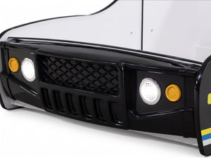English Elm 84 Inch Kids Patrol Car Twin Bed Frame with LED Wheel Lights and Flashing Spoiler W2237S00030