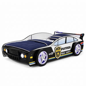 English Elm 84 Inch Kids Patrol Car Twin Bed Frame with LED Wheel Lights and Flashing Spoiler W2237S00030