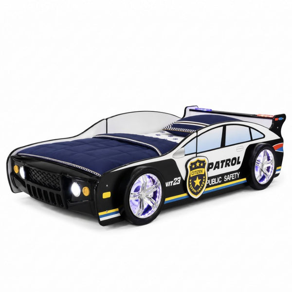 English Elm 84 Inch Kids Patrol Car Twin Bed Frame with LED Wheel Lights and Flashing Spoiler W2237S00030