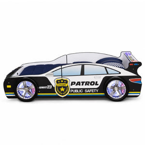 English Elm 84 Inch Kids Patrol Car Twin Bed Frame with LED Wheel Lights and Flashing Spoiler W2237S00030
