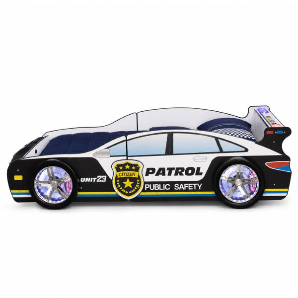 English Elm 84 Inch Kids Patrol Car Twin Bed Frame with LED Wheel Lights and Flashing Spoiler W2237S00030