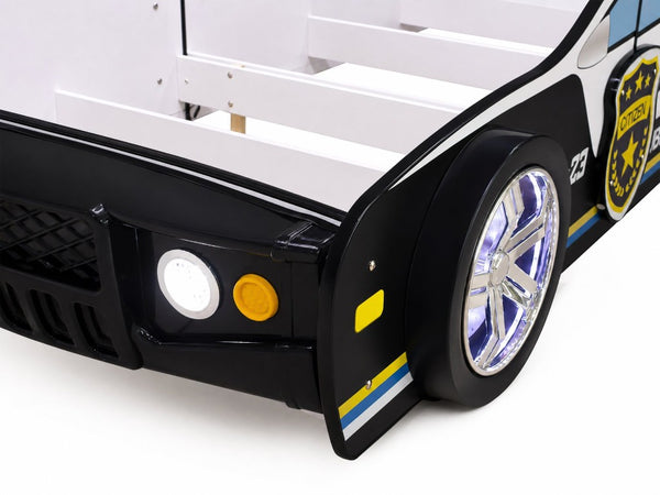 English Elm 84 Inch Kids Patrol Car Twin Bed Frame with LED Wheel Lights and Flashing Spoiler W2237S00030