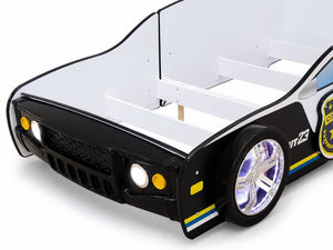 English Elm 84 Inch Kids Patrol Car Twin Bed Frame with LED Wheel Lights and Flashing Spoiler W2237S00030