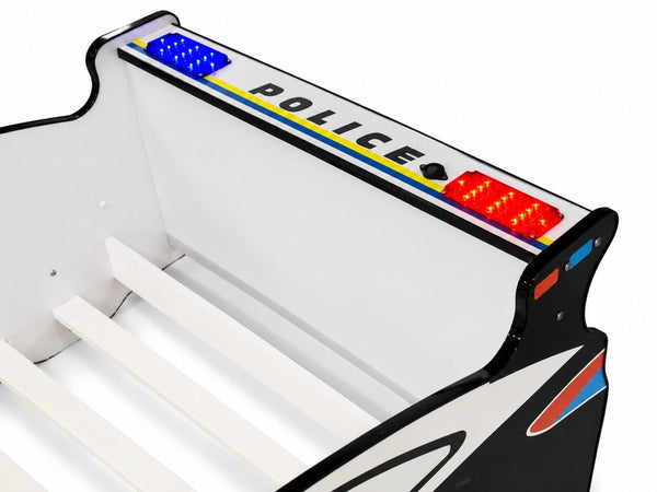 English Elm 84 Inch Kids Patrol Car Twin Bed Frame with LED Wheel Lights and Flashing Spoiler W2237S00030