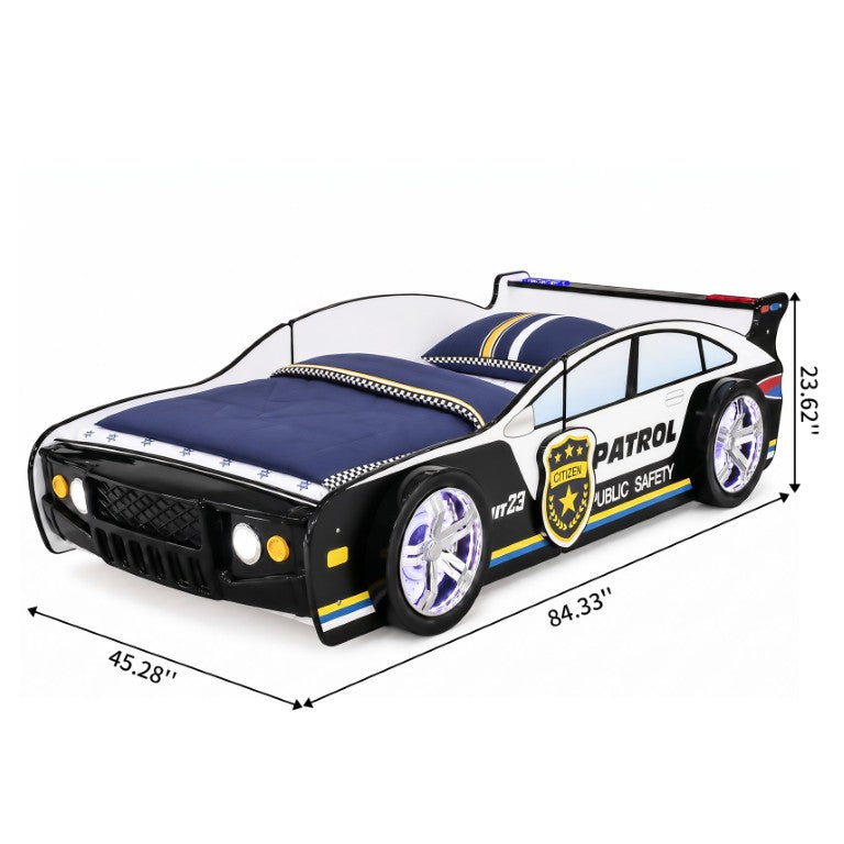 English Elm 84 Inch Kids Patrol Car Twin Bed Frame with LED Wheel Lights and Flashing Spoiler W2237S00030