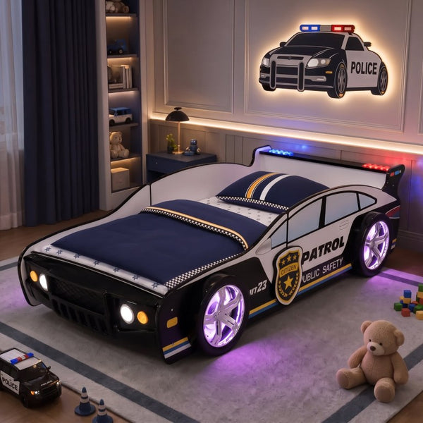English Elm 84 Inch Kids Patrol Car Twin Bed Frame with LED Wheel Lights and Flashing Spoiler W2237S00030