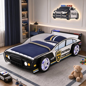 English Elm 84 Inch Kids Patrol Car Twin Bed Frame with LED Wheel Lights and Flashing Spoiler W2237S00030