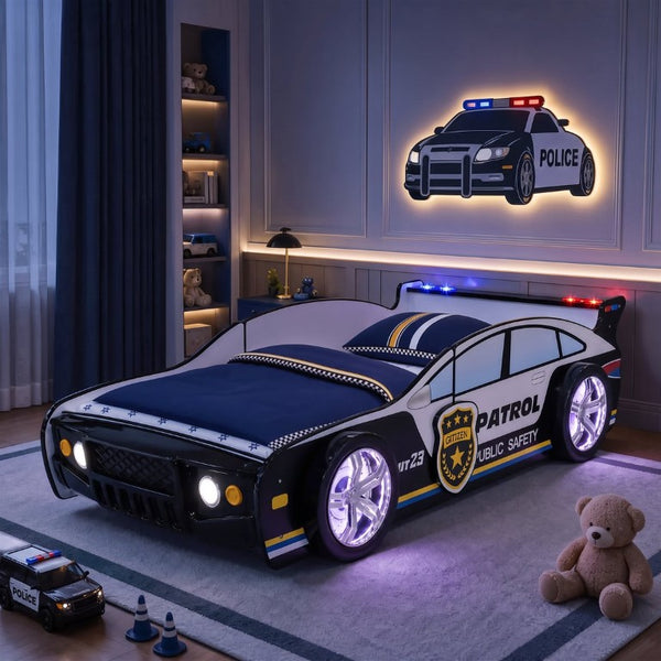 English Elm 84 Inch Kids Patrol Car Twin Bed Frame with LED Wheel Lights and Flashing Spoiler W2237S00030