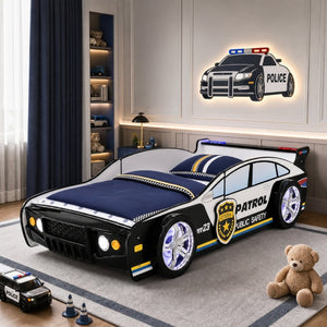 English Elm 84 Inch Kids Patrol Car Twin Bed Frame with LED Wheel Lights and Flashing Spoiler W2237S00030