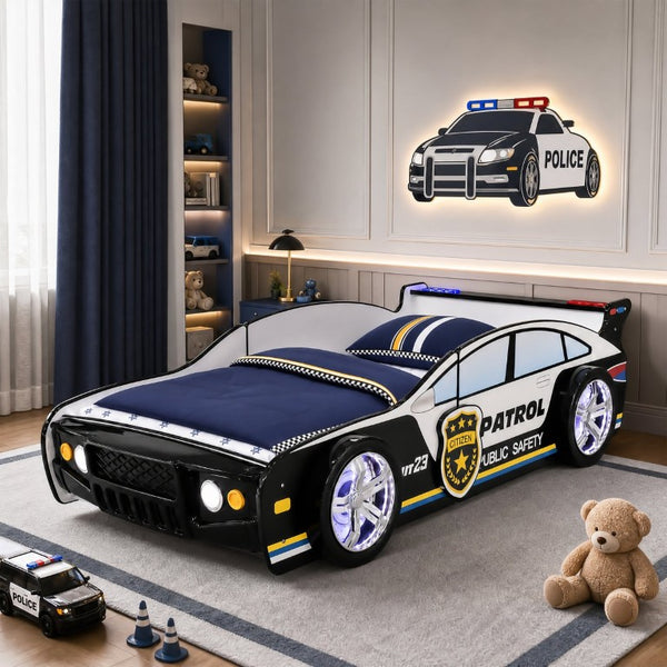English Elm 84 Inch Kids Patrol Car Twin Bed Frame with LED Wheel Lights and Flashing Spoiler W2237S00030