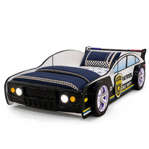 English Elm 84 Inch Kids Patrol Car Twin Bed Frame with LED Wheel Lights and Flashing Spoiler W2237S00030