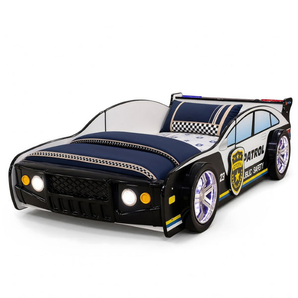 English Elm 84 Inch Kids Patrol Car Twin Bed Frame with LED Wheel Lights and Flashing Spoiler W2237S00030