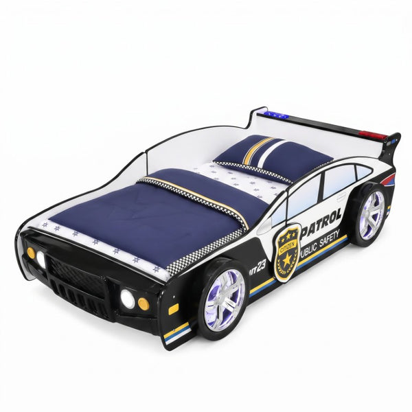 English Elm 84 Inch Kids Patrol Car Twin Bed Frame with LED Wheel Lights and Flashing Spoiler W2237S00030
