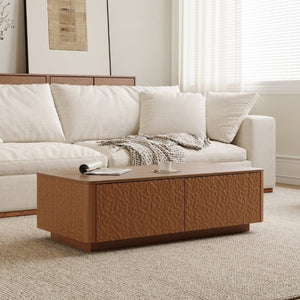 English Elm 47.2 Inch Mid Century Walnut Coffee Table with Hammer Texture and 2 Storage Drawers W2263P418243