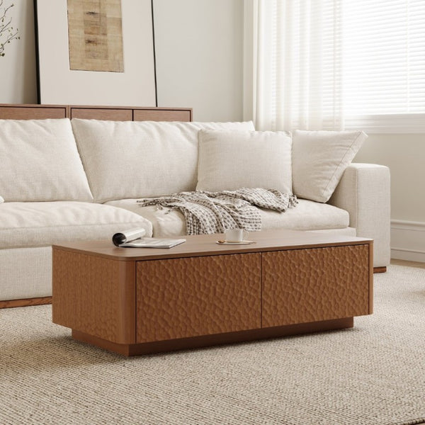 English Elm 47.2 Inch Mid Century Walnut Coffee Table with Hammer Texture and 2 Storage Drawers W2263P418243