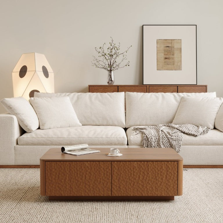 English Elm 47.2 Inch Mid Century Walnut Coffee Table with Hammer Texture and 2 Storage Drawers W2263P418243