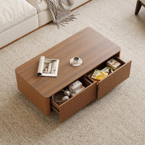 English Elm 47.2 Inch Mid Century Walnut Coffee Table with Hammer Texture and 2 Storage Drawers W2263P418243