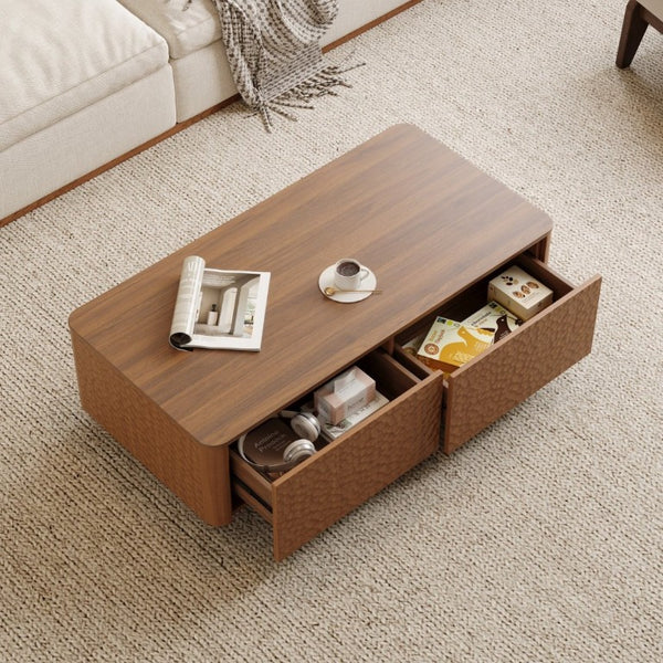 English Elm 47.2 Inch Mid Century Walnut Coffee Table with Hammer Texture and 2 Storage Drawers W2263P418243