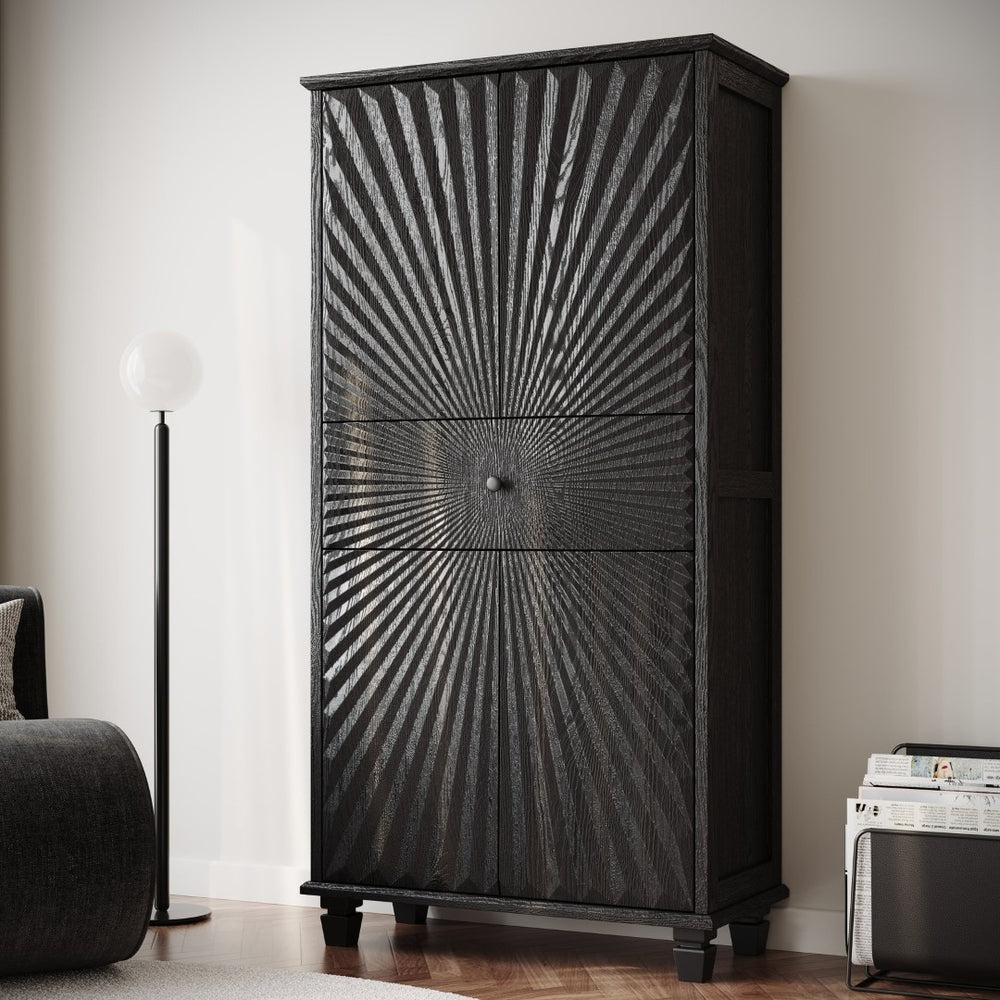 English Elm 64.5'' Tall Black Geometric Cabinet Sunburst Wood Relief Doors Entryway Storage W2263P450593