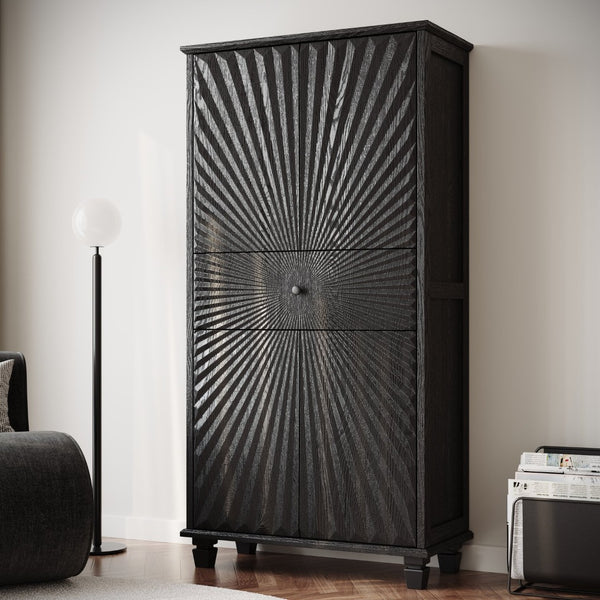 English Elm 64.5'' Tall Black Geometric Cabinet Sunburst Wood Relief Doors Entryway Storage W2263P450593