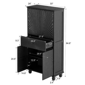 English Elm 64.5'' Tall Black Geometric Cabinet Sunburst Wood Relief Doors Entryway Storage W2263P450593