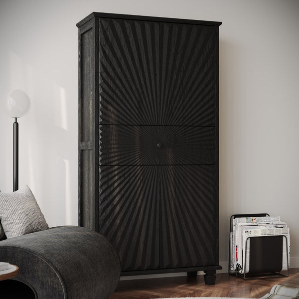 English Elm 64.5'' Tall Black Geometric Cabinet Sunburst Wood Relief Doors Entryway Storage W2263P450593