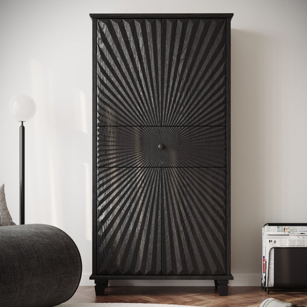 English Elm 64.5'' Tall Black Geometric Cabinet Sunburst Wood Relief Doors Entryway Storage W2263P450593