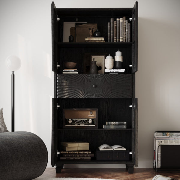 English Elm 64.5'' Tall Black Geometric Cabinet Sunburst Wood Relief Doors Entryway Storage W2263P450593