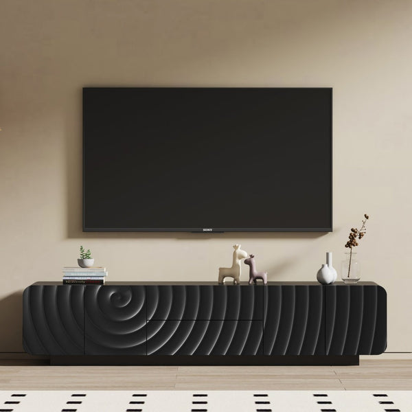 English Elm 70''tv Console Sculptural Spiral Wave Relief Matte Black Media Stand with Drawers W2263P483094