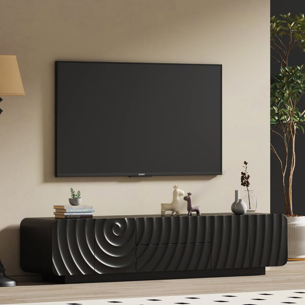English Elm 70''tv Console Sculptural Spiral Wave Relief Matte Black Media Stand with Drawers W2263P483094