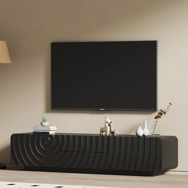 English Elm 70''tv Console Sculptural Spiral Wave Relief Matte Black Media Stand with Drawers W2263P483094