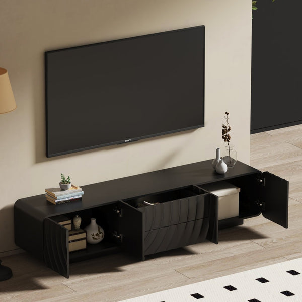 English Elm 70''tv Console Sculptural Spiral Wave Relief Matte Black Media Stand with Drawers W2263P483094