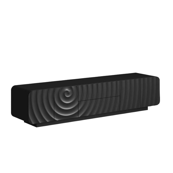 English Elm 70''tv Console Sculptural Spiral Wave Relief Matte Black Media Stand with Drawers W2263P483094