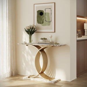 English Elm Accent Console Table with Gold X-Base and Stone-Texture Top for Elegant Entryways W2263P483108