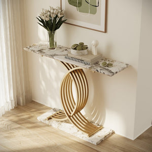 English Elm Accent Console Table with Gold X-Base and Stone-Texture Top for Elegant Entryways W2263P483108