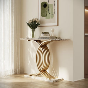 English Elm Accent Console Table with Gold X-Base and Stone-Texture Top for Elegant Entryways W2263P483108