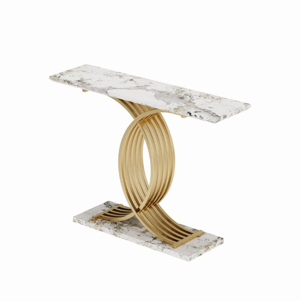 English Elm Accent Console Table with Gold X-Base and Stone-Texture Top for Elegant Entryways W2263P483108