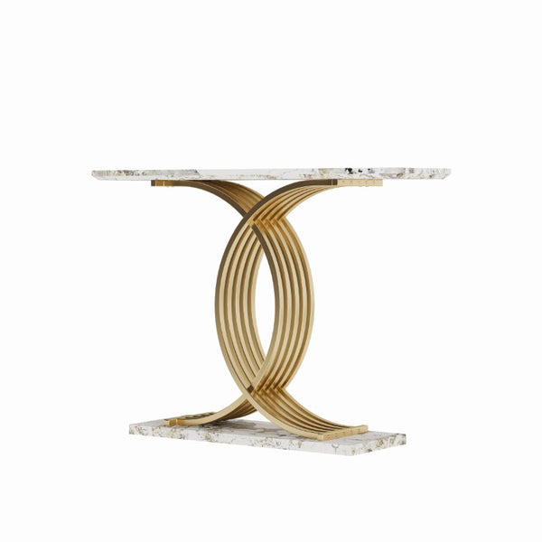 English Elm Accent Console Table with Gold X-Base and Stone-Texture Top for Elegant Entryways W2263P483108