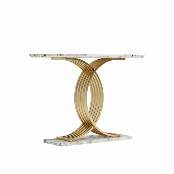English Elm Accent Console Table with Gold X-Base and Stone-Texture Top for Elegant Entryways W2263P483108